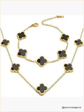 Four Leaf Clover Bracelet Set Stainless Steel Gold Plated Non Tarnish